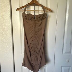 Tan Ruched Sheath Dress with Halter Neckline for Cocktail